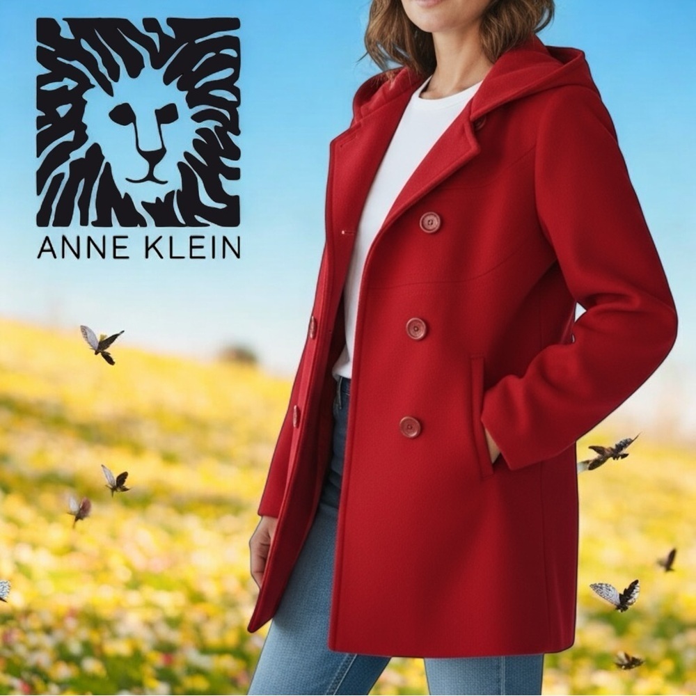 Anne Klein Vibrant Red Double Breasted Wool Blend Classic Button Hooded Peacoat